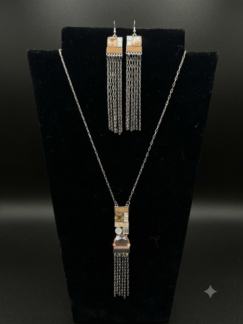 Multi-Tone Tassel Pendant Necklace, Earring & Bracelet Set - Silver Chain